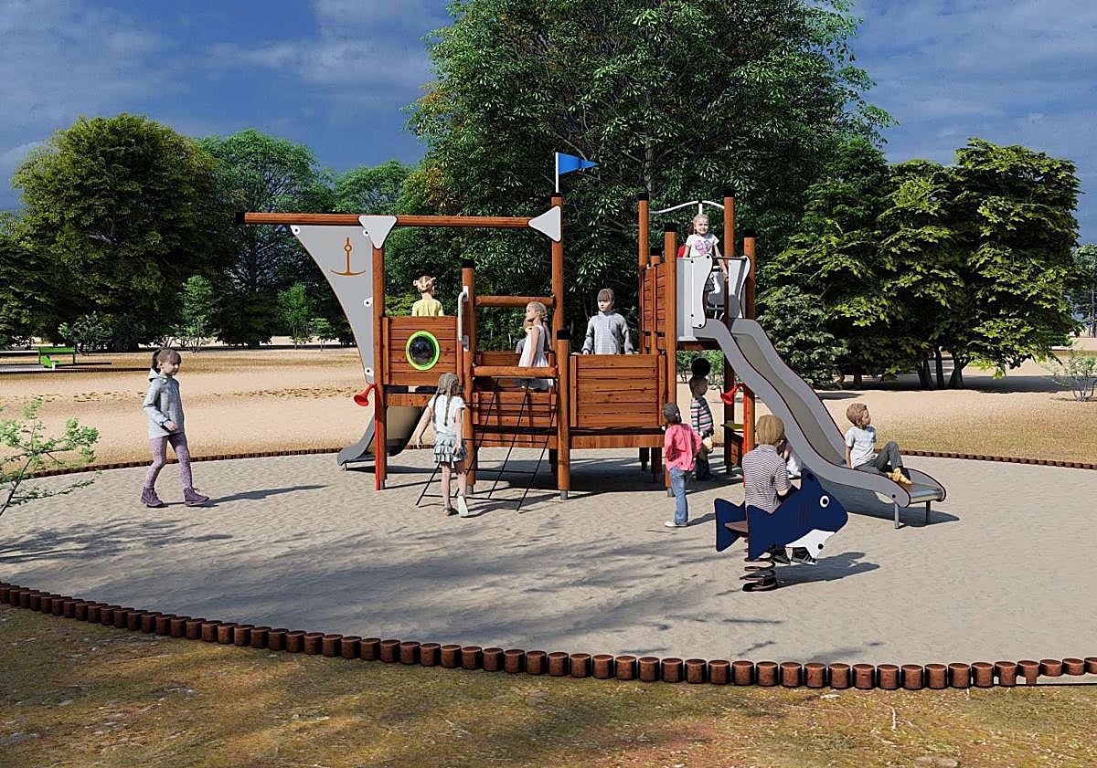 Imagen principal - Arriba, sistema modular con un tobogán y un poste con bolas y balancines de animales marinos. A la izquierda, nuevo balancín para dos que se instalará en el espacio lúdico infantil de la firma Hags. A la derecha, balance wiggler, estructura Loly Climber y circuito de juego Ability. 