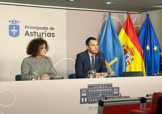 La consejera de Derechos Sociales y Bienestar, Marta del Arco, y el consejero de Hacienda y Fondos Europeos y portavoz del Ejecutivo, Guillermo Peláez.