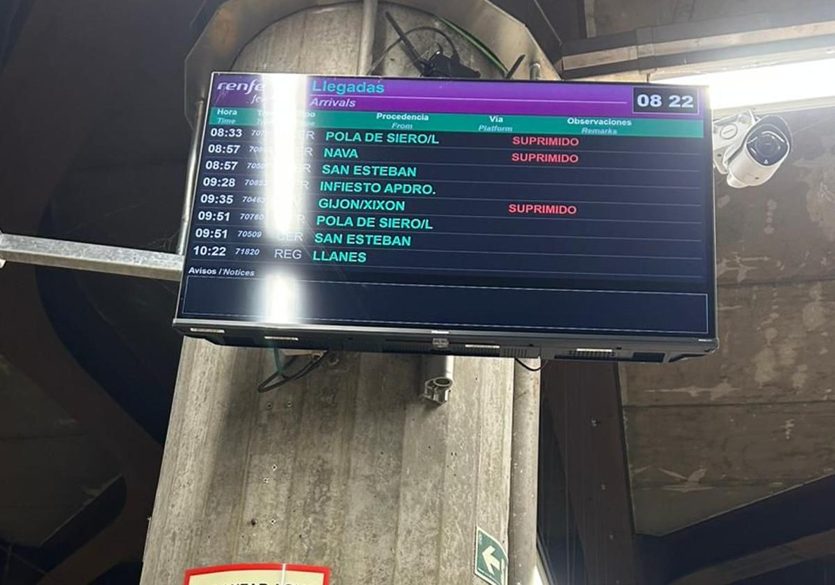Una pantalla anuncia la supresión de varios trenes en la estación de Oviedo.