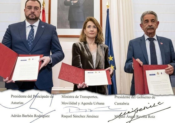 'Acuerdo de la Castellana'. Miguel Ángel Revilla, en ese momento presidente de Cantabria; Adrián Barbón, presidente de Asturias; y Raquel Sánchez, entonces ministra de Fomento, firmaron un protocolo de colaboración en el que se incluía la principal demanda de ambos territorios autonómicos: la gratuidad del servicio de Cercanías como compensación por el retraso en la llegada de las nuevas unidades para el transporte de viajeros tras la polémica de los trenes que no cabían por los túneles.