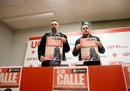 Los secretarios generales de CC OO y UGT en la rueda de prensa que presentaron la concentracion en contra de la aprobacion del Decreto omnibus