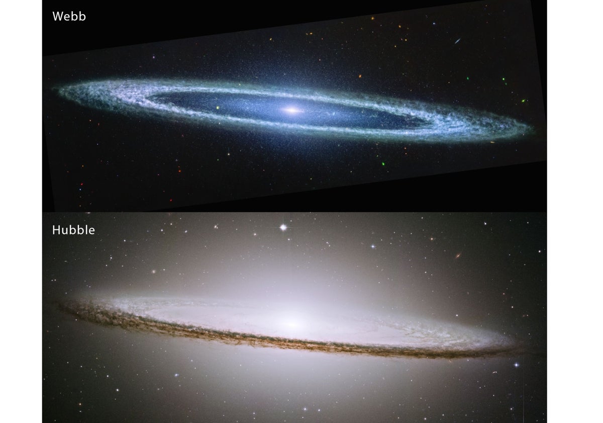 Imagen principal - En la primera foto, comparación entre una imagen obtenida por el James Webb y otra del Hubble de la Galaxia del Sombrero. En la segunda, comparación entre imágenes logradas por ambos telescopios espaciales de un clúster de galaxias. Y en la tercera, como rectas rojizas, las líneas de difracción dobles son visibles en esta imagen de la galaxia NGC 7469 obtenida por el James Webb. 