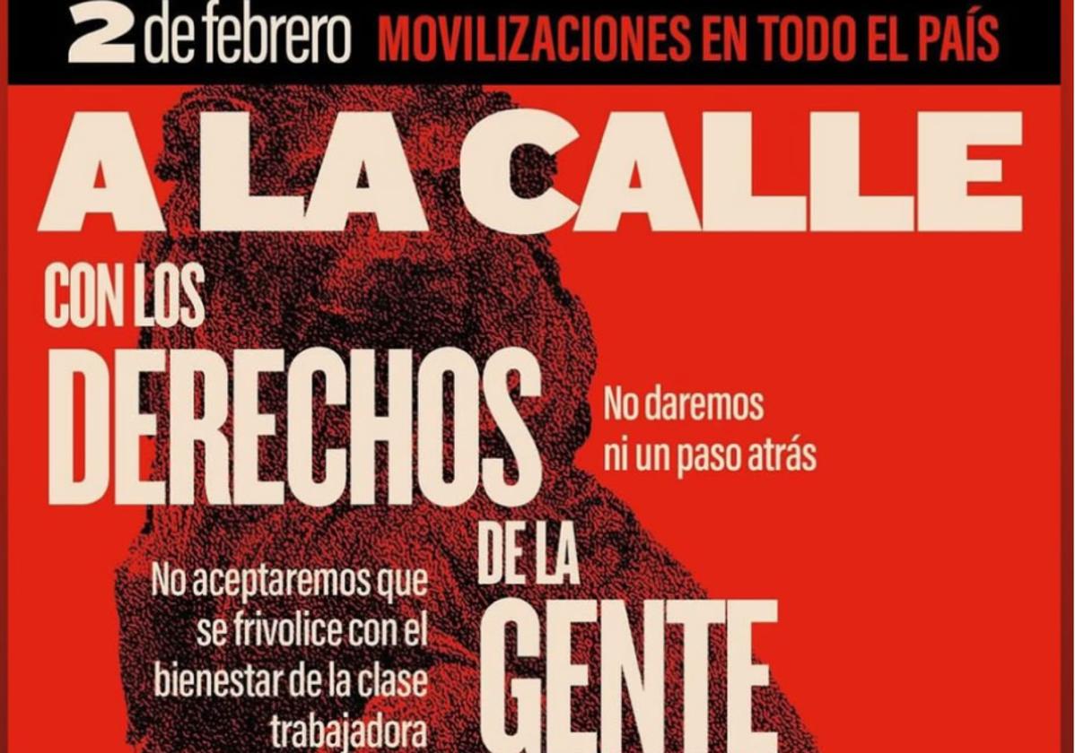 Cartel de la concetración promovida por UGT y CC OO para el próximo domingo 2 de febrero en la plaza Mayor de Gijón.