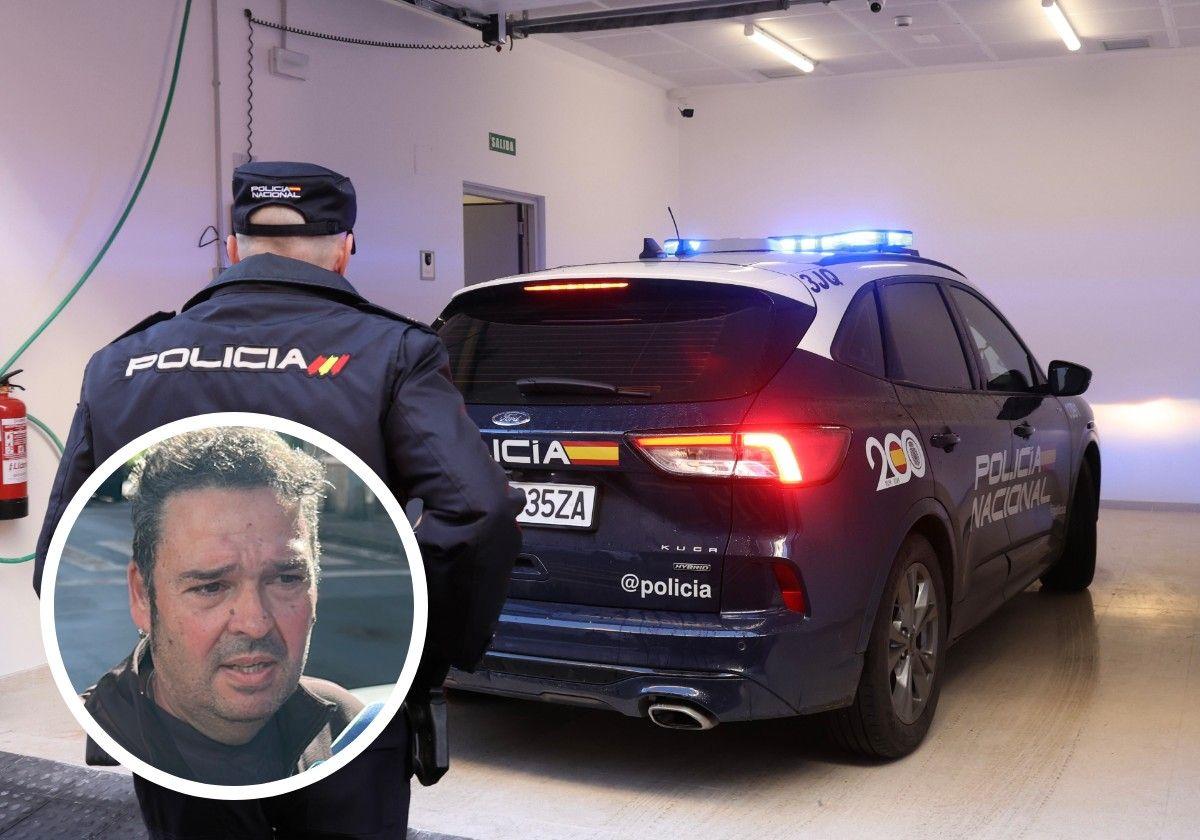 Coche policial a la entrada de los Juzgados de Langreo, donde el detenido se acogió a su derecho a no declarar; abajo, Antonio Hernández, casado con Karilenia aunque en trámites de separación.