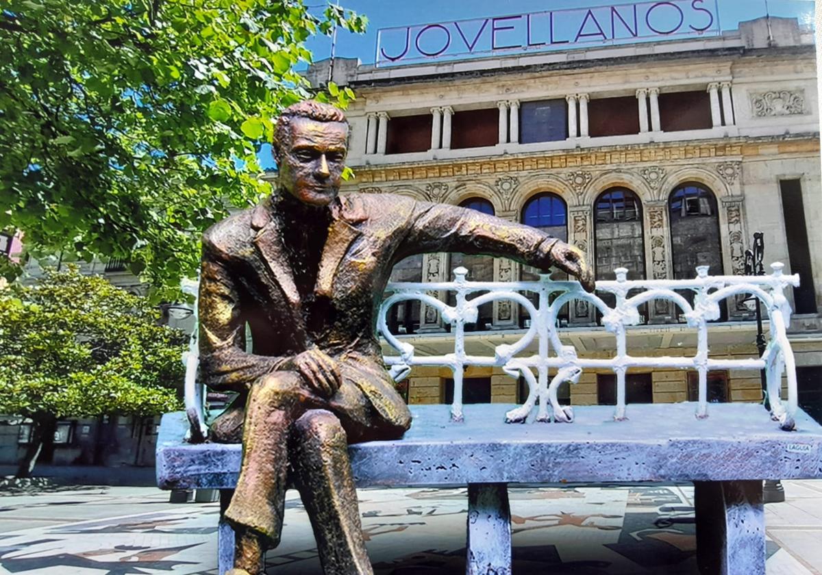 Fotomontaje de uno de los primeros bocetos de la estatua de Arturo Fernández, frente al Teatro Jovellanos.