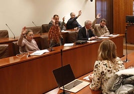 Sara Retuerto (izquierda), la edil de Podemos expulsada del gobierno avilesino, votando en una comisión informativa a principios del mandato.