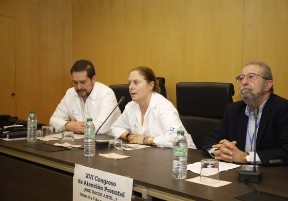 Ángel Martínez, jefe de Ginecología; Marisa Sánchez, gerente del Área Sanitaria V, y Javier Arenas, director de la Fundación Docente Gineco-Obstétrica de Gijón, en la inauguración del Congreso de Atención Prenatal.