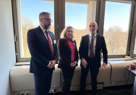 Mauro Rodríguez, director general de Industria y Minería; la consejera Belarmina Díaz y el director responsable de industrias electrointensivas de la DG Grow, Joaquim Nunes de Almeida.