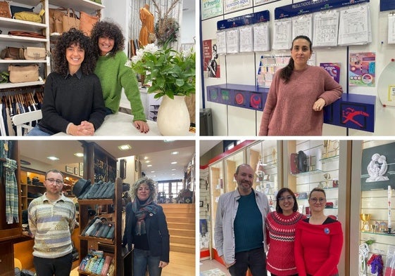 Comerciantes de la calle Magdalena de Oviedo. Arriba, Vanessa y Sandra Solís, de El antiguo Iriarte, y Marta Carbayeda, de la Administración de Lotería número 20; abajo, José Luis Bobes y Mari Paz Hermida, de Albiñana, y Antonio Regidor, Sonia Fernández y Tamara García, de la Libería San Pablo.