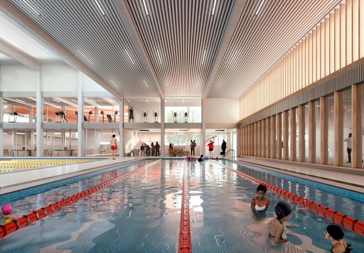 Imagen principal - La entrada al Grupo Covadonga se transformará por completo con la nueva piscina climatizada