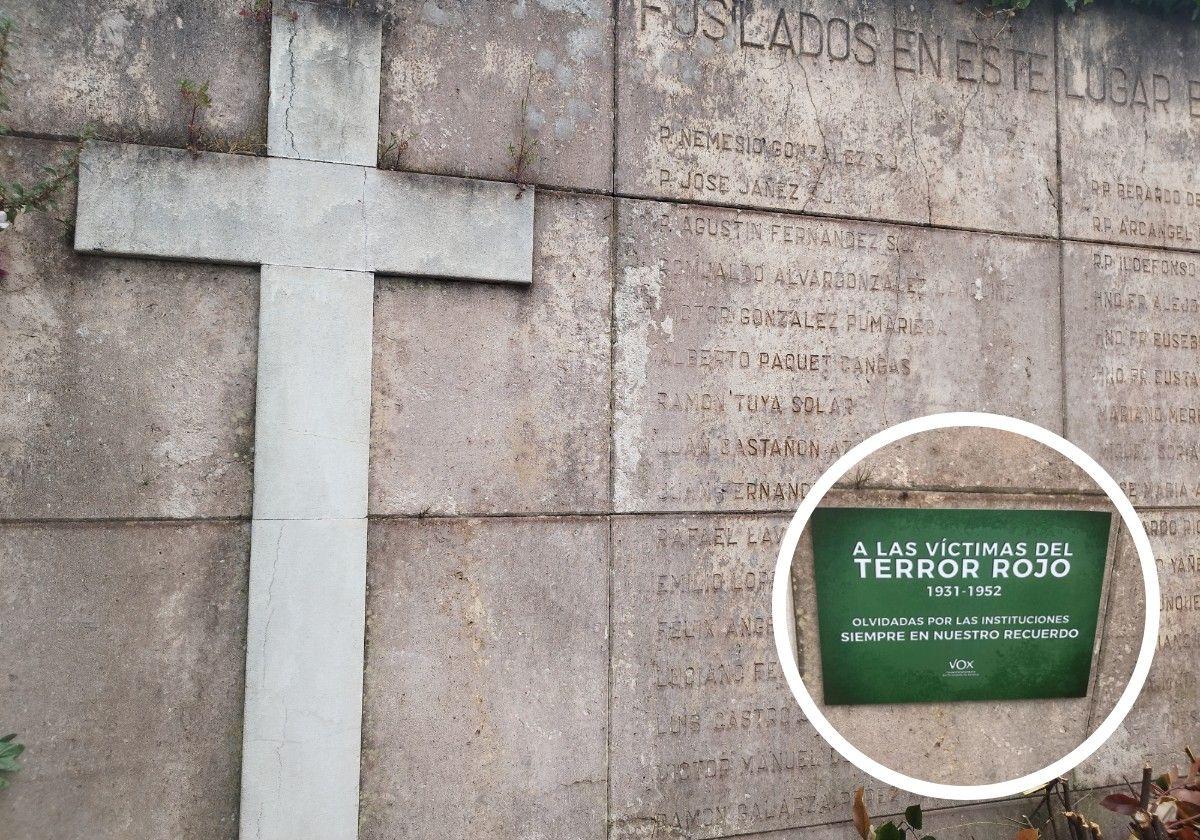 La placa estaba situada en una pared que recuerda a 62 gijoneses fusilados en agosto de 1936, y enterrados en Jove, cuyos nombres constan grabados allí en piedra.