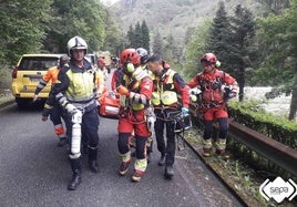 Bomberos de Asturias, durante el traslado de una de las heridas tras el brutal accidente.