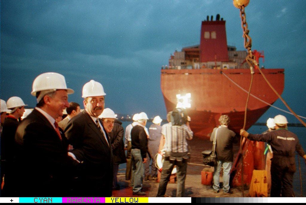 Marqués, en la botadura de un barco en Naval Gijón.