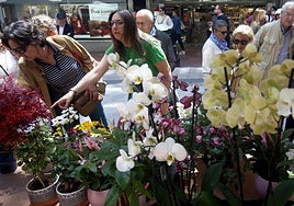 Un grupo de personas junto a uno de los puestos de flores.