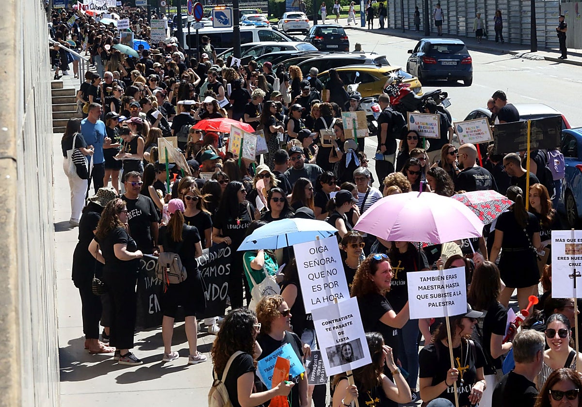 Cientos de docentes esperan para acceder al Registro, protegiéndose del sol con paraguas.