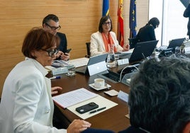 La alcaldesa Carmen Moriyón, el director del Puerto, José Luis Barettino; la presidenta Nieves Roqueñí, y la secretaria no consejera Lucía López, este miércoles, en El Musel.