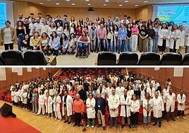 En la imagen superior, la recepción de los nuevos residentes en el Hospital de Cabueñes. Debajo, la recepción en el HUCA.