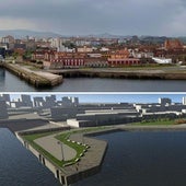 Montaje con la imagen actual que presenta la parcela de Naval Gijón y la recreación del proyecto de adecuación que se ejecutará a partir de agosto.