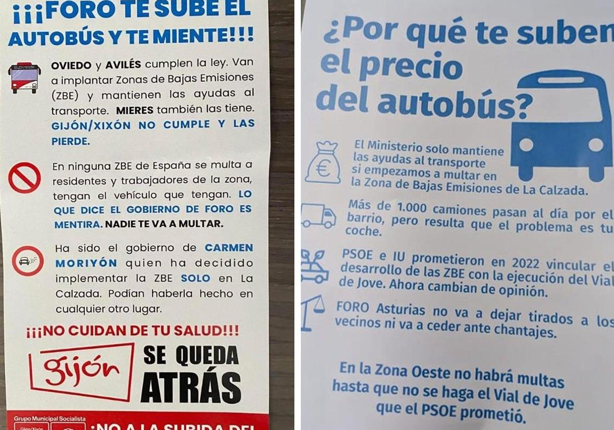 Los folletos de PSOE y Foro sobre la subida del precio del autobús en Gijón.