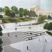 Una infografía muestra la futura reforma de la zona baja del parque del Campillín y Santo Domingo prevista junto a la construcción del aparcamiento subterráneo.