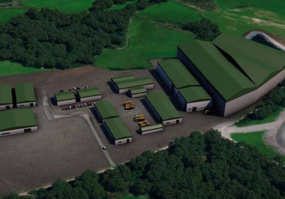 Instalaciones proyectadas en Salave. La nave de la derecha cubriría la rampa de acceso y la zona de trituración.