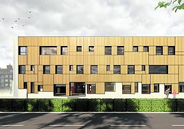 Acceso principal al Albergue. Estará en el frente de Sanz Crespo y la fachada tendrá un revestimiento de cerámica con relieve en colores crema.