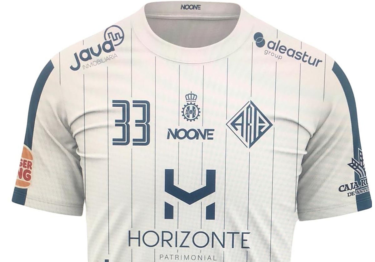 Boceto de la camiseta que vestirá el Horizonte Atlética de balonmano la próxima temporada, con el escudo del Real Avilés en el centro.