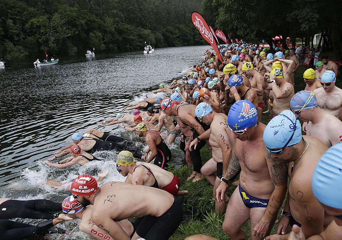 Nadadores saltando a la ría en una de las pruebas del Descenso de Navia.