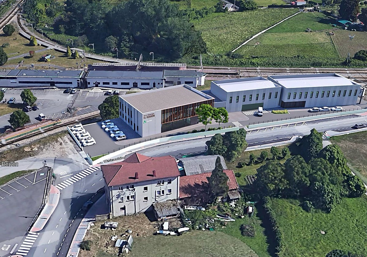 Recreación de la zona de la estación de El Berrón, donde se va a construir el nuevo taller ferroviario.