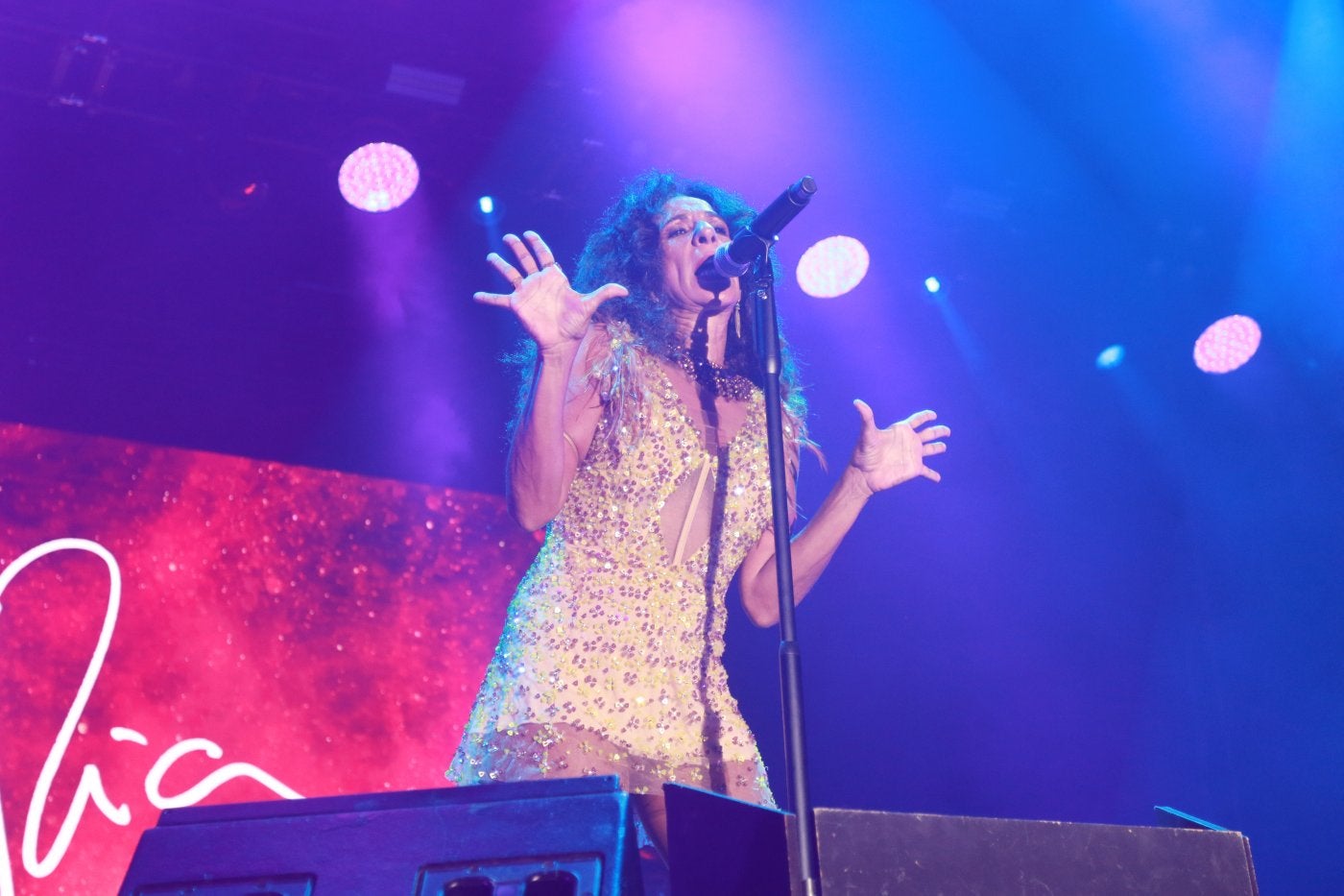 Rosario Flores llegó al escenario de la explanada de Poniente exhibiendo su animadísimo directo.