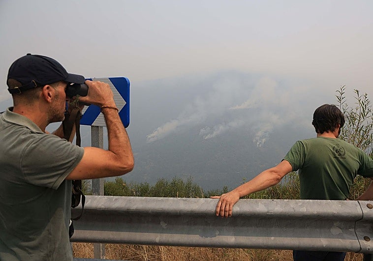 Una persona observa con sus binoculares el incendio en Genestoso.