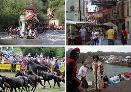 Desde la izquierda, imágenes del Descenso Folklórico del Nalón, el mercado medieval de Avilés, la Fiesta del Asturcón y el desembarco de Carlos V en Tazones.