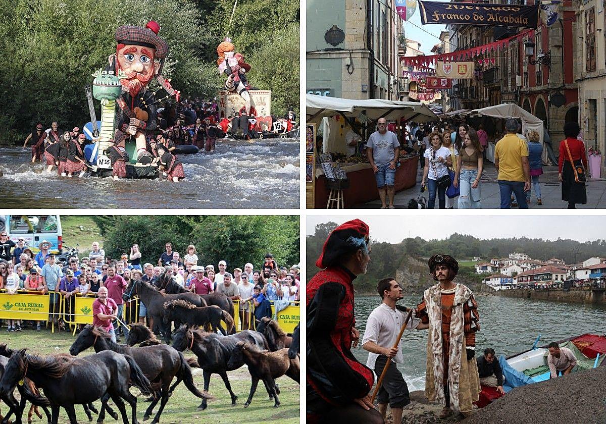 Desde la izquierda, imágenes del Descenso Folklórico del Nalón, el mercado medieval de Avilés, la Fiesta del Asturcón y el desembarco de Carlos V en Tazones.