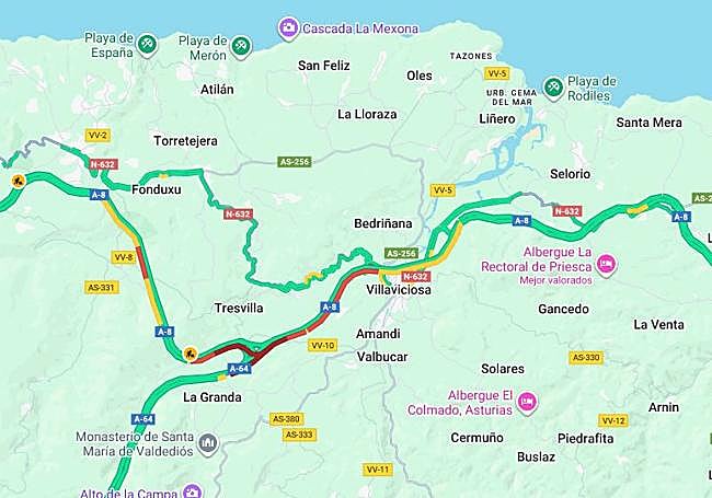 En rojo, los tramos con tráfico muy lento.