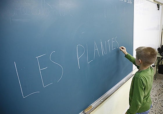 Un alumno escribe una frase en una clase de asturiano.