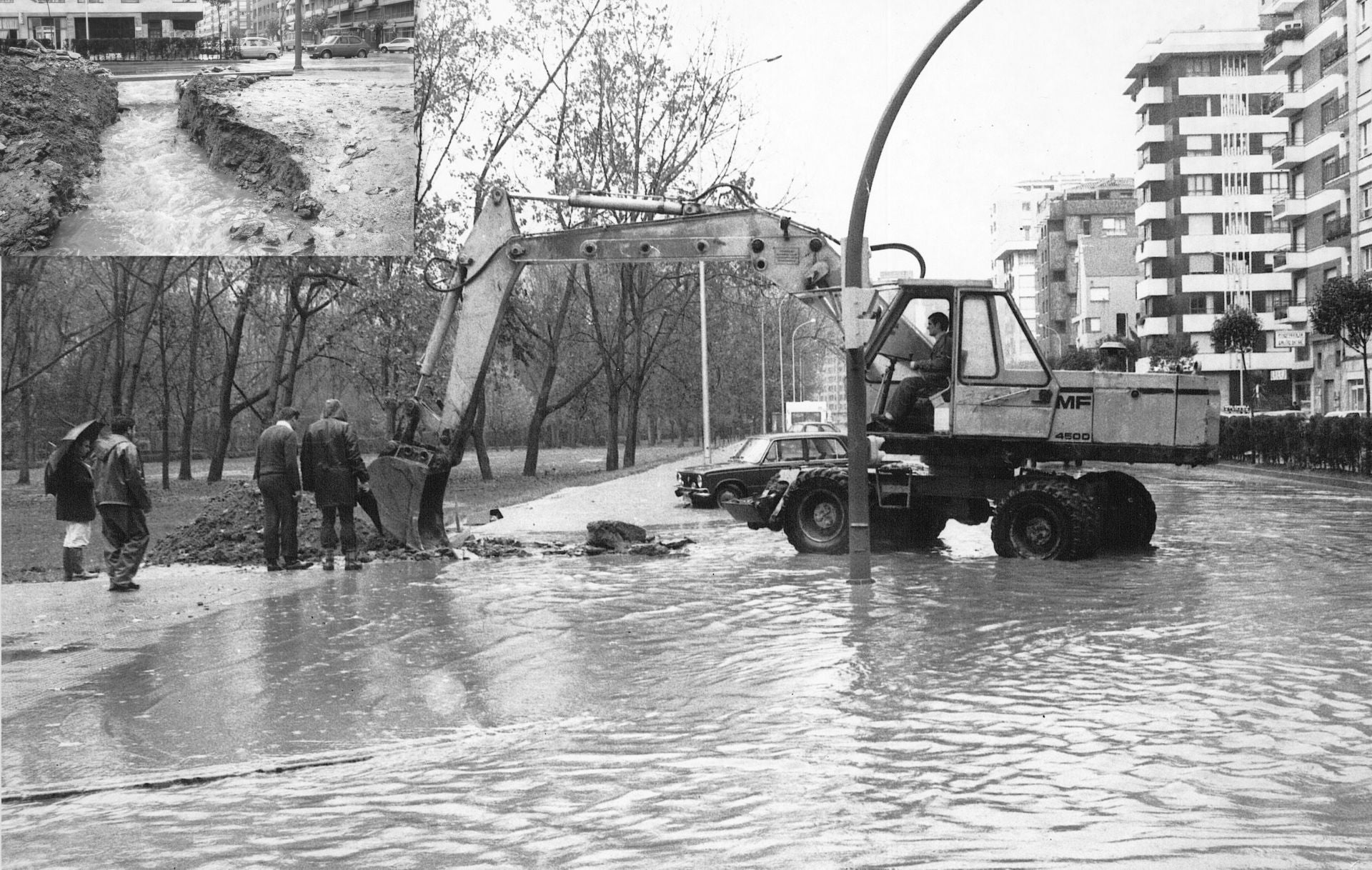 Las inundaciones provocaban que las palas excavadoras tuvieran que hacer diques para desaguar las riadas en el parque. Se ve Marga a la derecha.