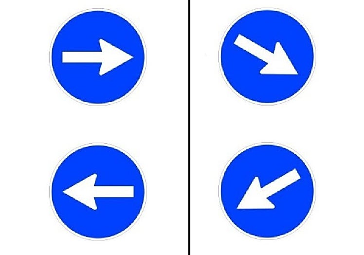 A la izquierda, señal de 'sentido obligatorio' (R-400), que indica la dirección y sentido a seguir en una vía. A la derecha, la de 'paso obligatorio' (R-401), que indica por qué lado debe salvarse una isleta.