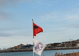 Bandera anunciado la presencia de medusas en la playa de San Lorenzo, en Gijón.