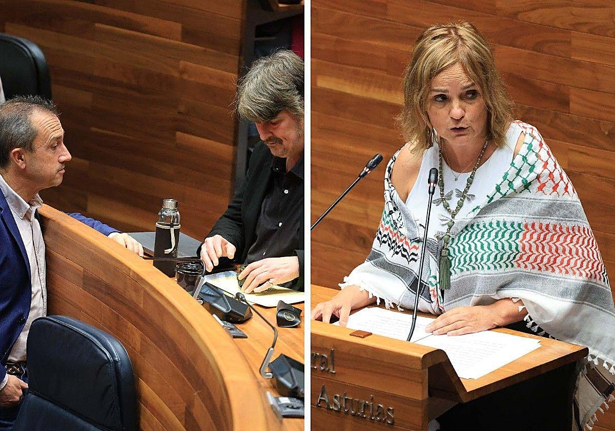 El consejero Ovidio Zapico y el diputado Xabel Vegas, a la izquierda; a la derecha, la líder de Somos Asturies, Covadonga Tomé, con kufiya.