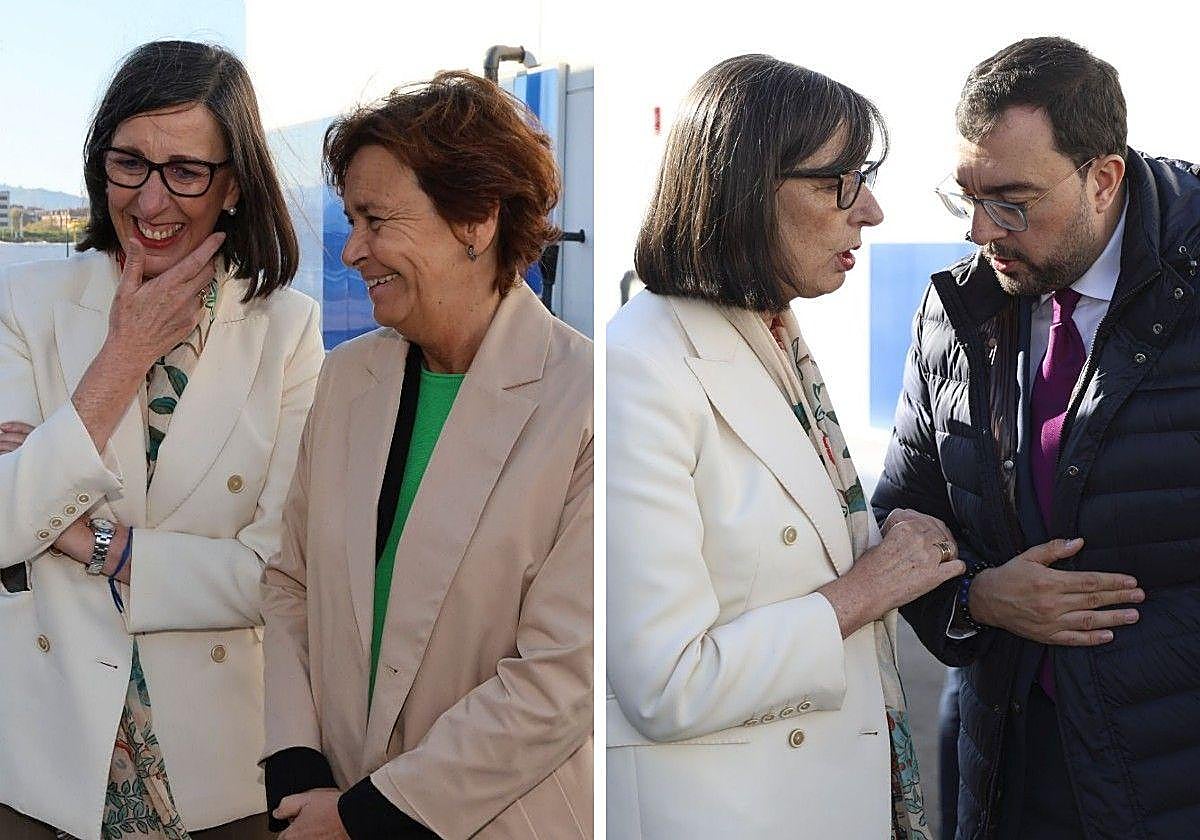 A la izquierda Nieves Roqueñí y Carmen Moriyón, durante la visita a Sea Eight, en El Musel. A la derecha, Roqueñí y Barbón, durante el aparte en el que le comentó los pormenores de su conversación con la alcaldesa.
