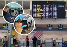 En grande, la pantalla en el aeropuerto de Asturias que anuncia la cancelación del vuelo a Madrid. En los círculos, pasajeros afectados.