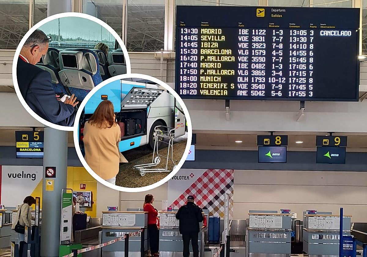 En grande, la pantalla en el aeropuerto de Asturias que anuncia la cancelación del vuelo a Madrid. En los círculos, pasajeros afectados.