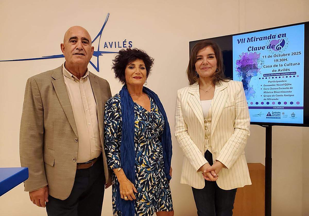 Luis Menéndez, director del Coro Amigos de Miranda, y Elsa Ana Sánchez, la secretaria, junto a la concejala de Cultura de Avilés, Yolanda Alonso.