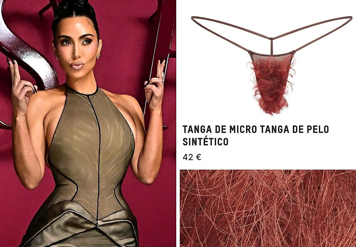 A la izquierda, Kim Kardashian. A la derecha, uno de los doce colores en los que se vende este tanga de pelo.
