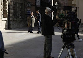 Javier Gutiérrez, durante el rodaje de esta mañana en Camposagrado.