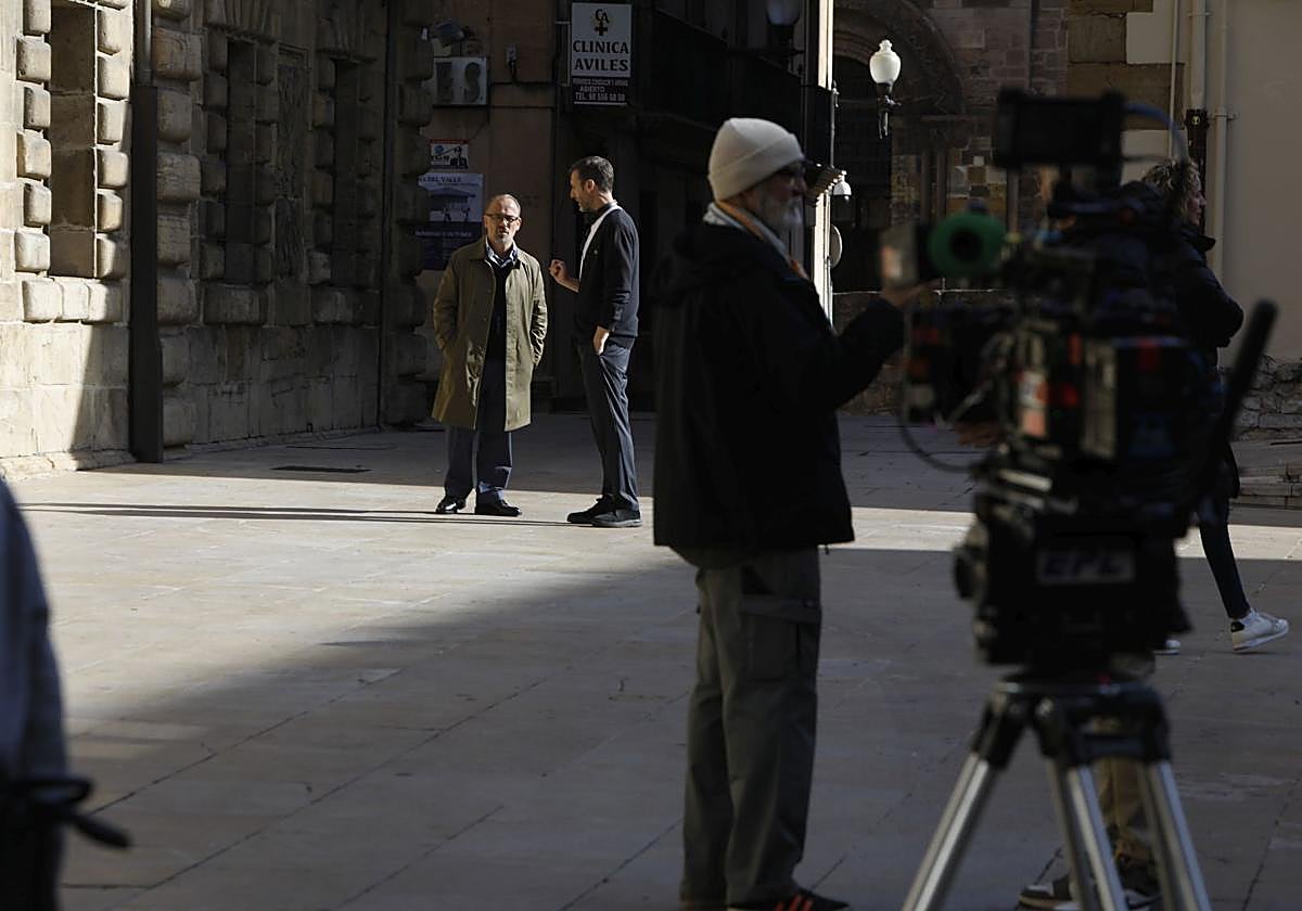 Javier Gutiérrez, durante el rodaje de esta mañana en Camposagrado.