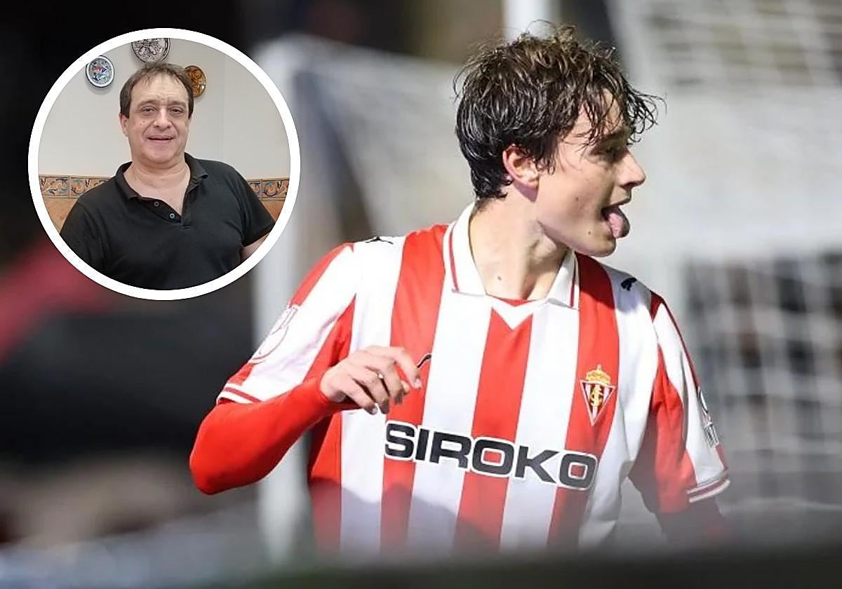 Nico Riestra, el miércoles, durante el partido de Copa del Rey contra el Caudal, lamentándose tras un ataque de los rojiblancos. En el destacado su padre, José Riestra.