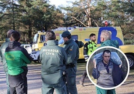 Operativo de búsqueda de Tomasín esta mañana; abajo, a la derecha, el día que salió de la cárcel de Asturias en 2017 con su macuto a cuestas.