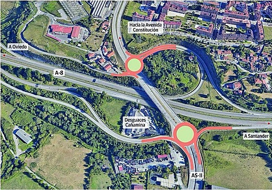 Diseño de la reordenación, con dos nuevas glorietas, de la confluencia entre la ronda sur (A-8) y la AS-II.