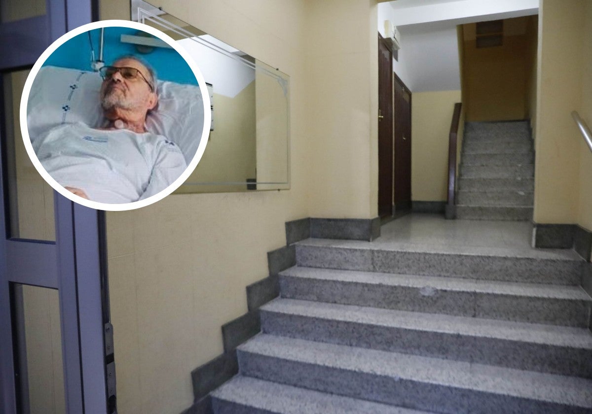 Entrada al número 2 de la calle Benito Conde, en El Llano, edificio sin ascensor donde reside Pablo Cabral. En el círculo, el propio Pablo, ingresado en el Hospital de Cabueñes.